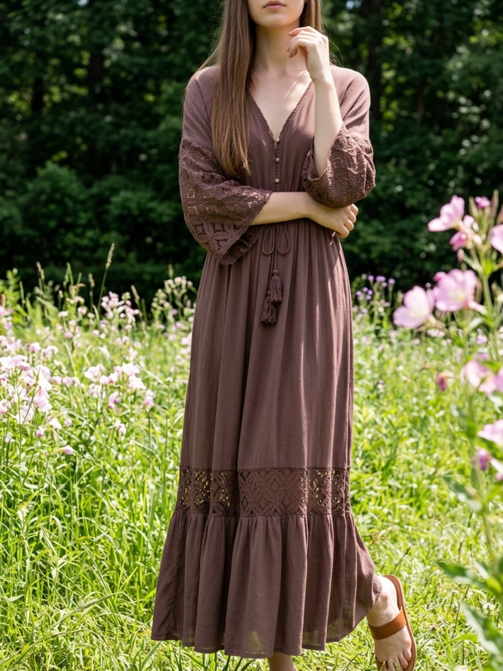 Three Bird Nest size L Jumpsuit Boho Tie-Waist Lace  - Brown ruffles